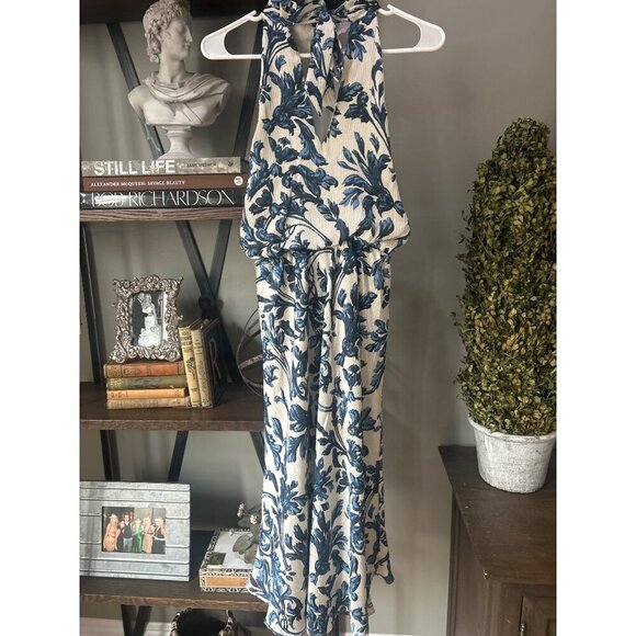 ADRIANNA PAPELL Halter Satin Midi Dress Blue Multi Womens Size 0 - Picture 6 of 9